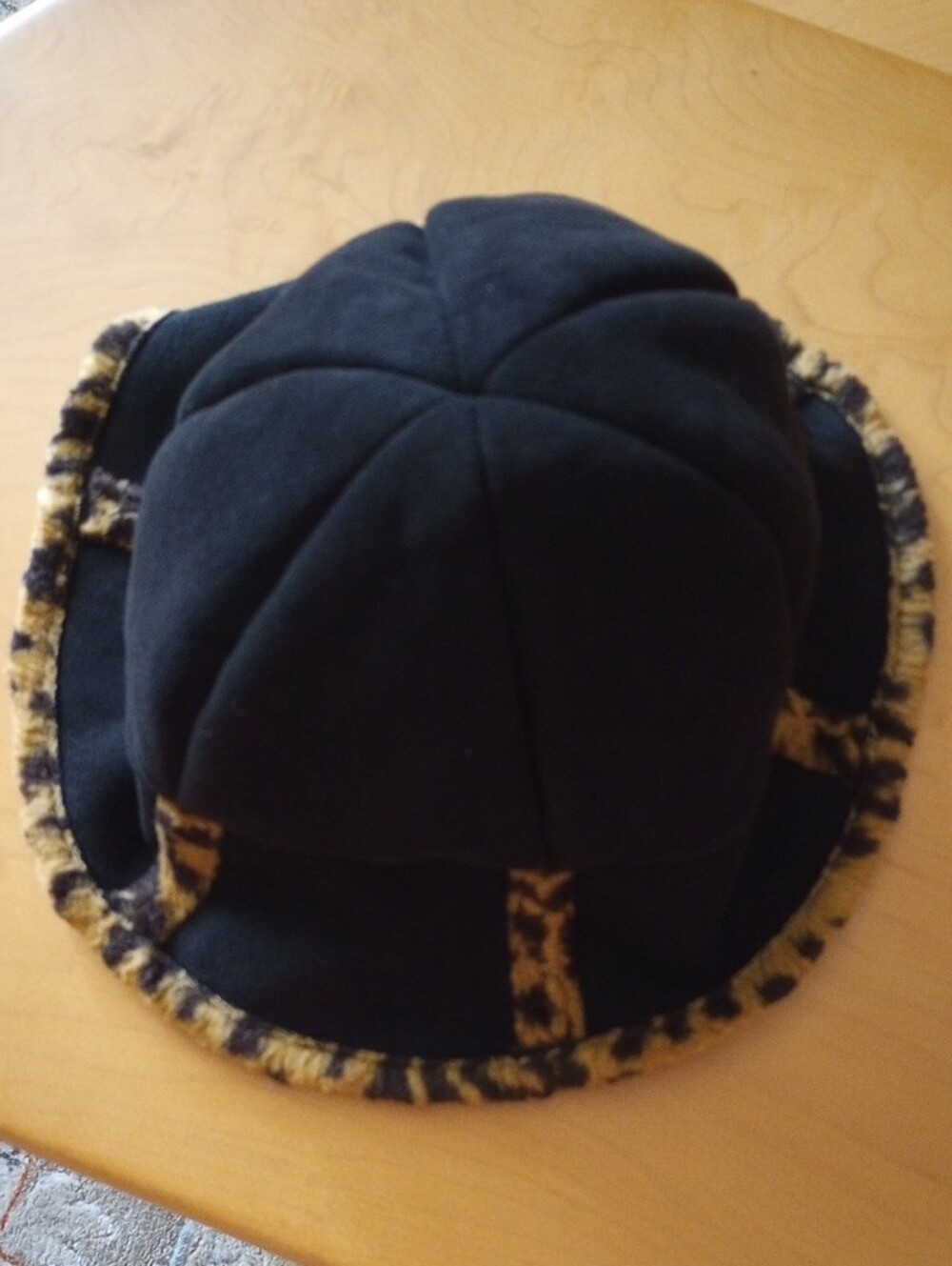 Black Faux Suede Bucket Hat with Leopard Trim